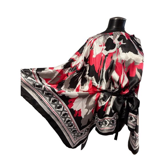LANE BRYANT Satin Kimono Size 14–20 Red Black Abstract Print Belted Top - Picture 2 of 5